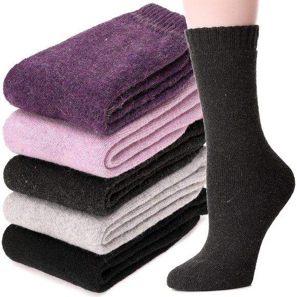 Women Merino Wool Solid Color A Sock 5 Pairs Warm Thick Crew Winter Boot Socks - Picture 1 of 6